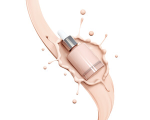 Liquid makeup foundation Bottle with Cosmetic foundation cream splash, isolated on white background, 3d rendering