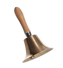 Golden school bell with wooden handle isolated on white