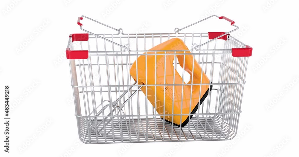 Poster hand kitchen mixer adding to shopping basket, 3d animation. 3d rendering isolated on white backgroun