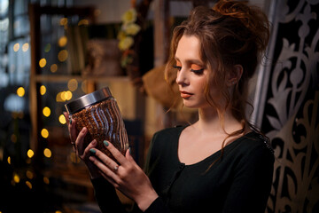 girl with a can of buckwheat. High quality photo