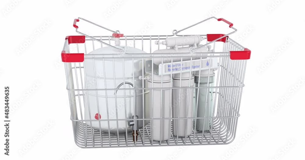 Poster reverse osmosis system adding to shopping basket, 3d animation. 3d rendering isolated on white backg