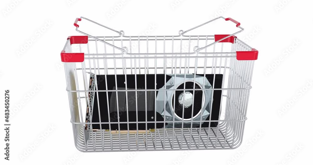 Poster video card, gpu adding to shopping basket, 3d animation. 3d rendering isolated on white background