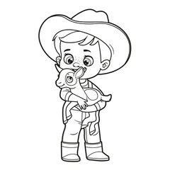Cute cartoon boy in a cowboy hat holds a little goat in arms outlined for coloring page on white background