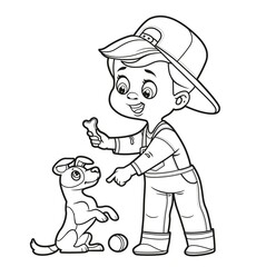 Cute cartoon boy playing with dog jack russell terrier stands on hind legs outlined for coloring page on white background