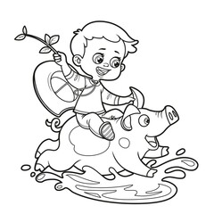 Cute cartoon boy riding a pig through the puddles outlined for coloring page on white background