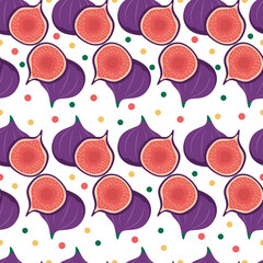 Figs seamless pattern on a white background, a pair of purple fruits whole and half with chaotic colorful circles