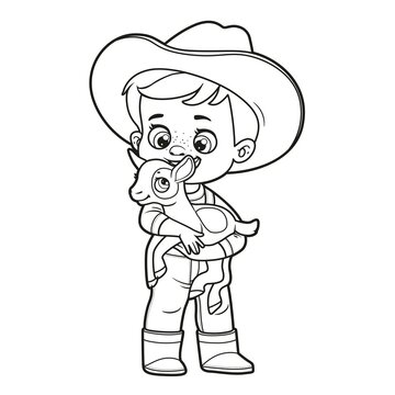 Cute cartoon boy in a cowboy hat holds a little goat in arms outlined for coloring page on white background