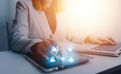 woman Hand holding virtual Global Internet connection metaverse. Business global internet connection application technology and digital marketing, Financial and banking, Digital link tech, big data.