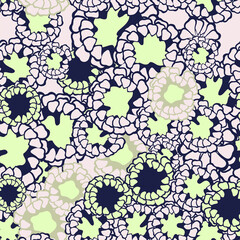 A repeating pattern. Seamless flower ornament. Doodle floral drawing. Handmade graphics. Bedding green and pink shades. For a wedding and Valentines day.Printing on wallpaper and packaging.