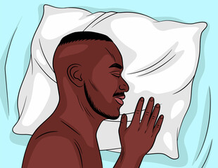 Color vector illustration black man sleeping. African American man sleeping on his side. A man dreams in his bed. A young handsome guy is resting on a white pillow.