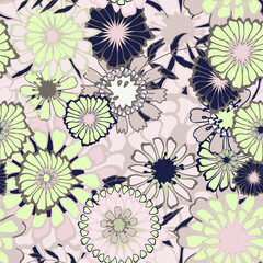 A repeating pattern. Seamless flower ornament. Doodle floral drawing. Handmade graphics. Bedding green and pink shades. For a wedding and Valentines day.Printing on wallpaper and packaging.