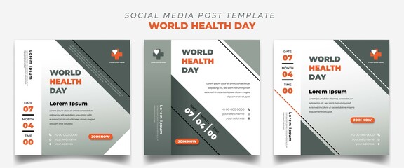 Set of Square social media post template with white, orange, and green color background with elegant design. World Health Day template design.