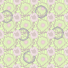 A repeating pattern. Seamless flower ornament. Doodle floral drawing. Handmade graphics. Bedding green and pink shades. For a wedding and Valentines day.Printing on wallpaper and packaging.