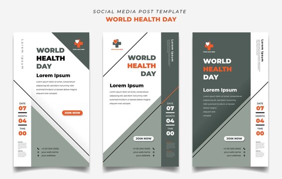 World health day with white, orange, and green color background with elegant design. Set of social media post template in portrait design.