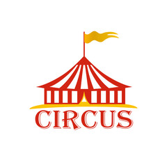 Circus red and white striped tent with a flag on top of the dome for carnival or entertainment design. Circus tent logo, icon. Vector illustration isolated on white background