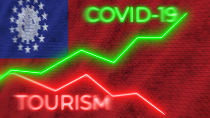 Myanmar Burma Flag and COVID-19 Coronavirus Tourism Neon Titles – 3D Illustration
