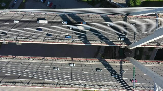 Aerial top view of cable-stayed bridge with cars in St.Petersburg, 4k