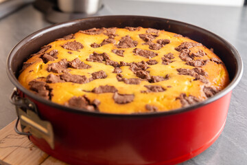 Baking pan with russian cake in the oven