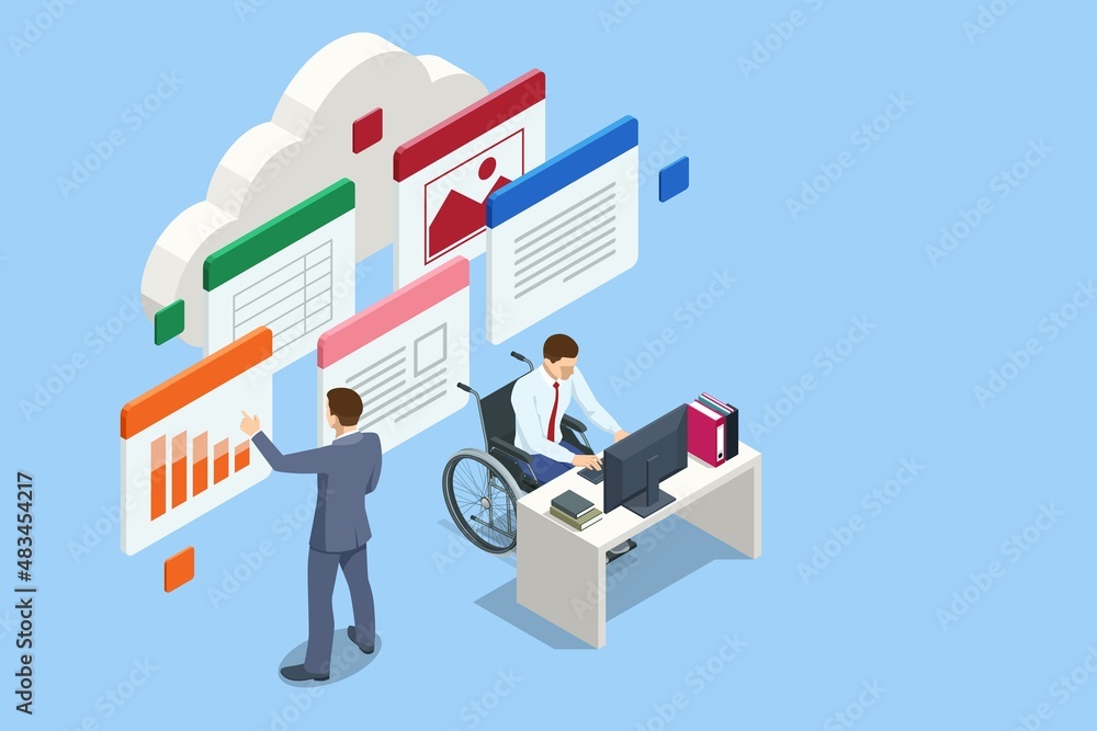 Poster isometric modern cloud technology and networking concept. web cloud technology business. internet da