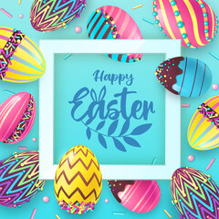 Holiday Easter background with colorful easter eggs and sweet decoration. Greeting card or poster. Vector illustration