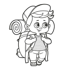 Cute cartoon boy in cap with a huge backpack travels outline for coloring on white background