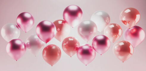 Celebration horizontal background with pink helium balloons. 3d render image. scene mockup, banner.Anniversary.