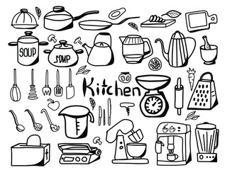 Kitchen utensil doodle set. Stuff for menu decoration. Vector collection of isolated objects. Icons in sketch style. Hand drawn kitchenware and cutlery on white background