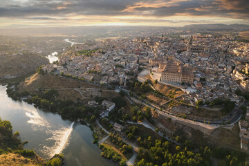 Fototapeta na wymiar Aerial panoramic drone point of view historical city of Toledo. Spain