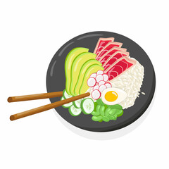 Tuna poke bowl illustration Hawaiian cuisine. Vector stock illustration isolated on white background for menu fast food restaurant with healthy, bio, organic meals. EPS