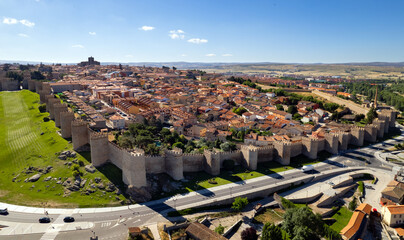 Drone point of view Avila cityscape rooftops. Spain