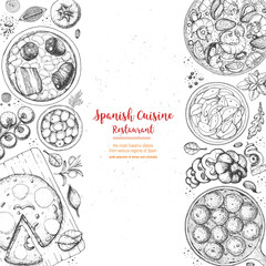 Spanish cuisine top view. A set of spanish dishes with albondigas, tortilla, fabada, paella, croquetas. Food menu design template. Vintage hand drawn sketch vector illustration. Engraved image