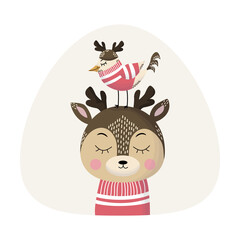 A lovely Deer with a Bird in pink sweaters. Family look. Vector illustration