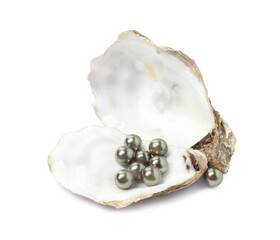 Open oyster shell with black pearls on white background