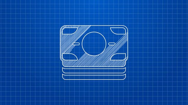 White line Stacks paper money cash icon isolated on blue background. Money banknotes stacks. Bill currency. 4K Video motion graphic animation
