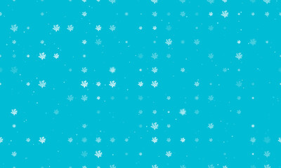 Seamless background pattern of evenly spaced white coral symbols of different sizes and opacity. Vector illustration on cyan background with stars