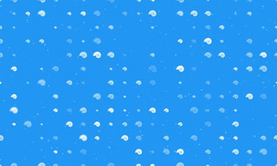 Seamless background pattern of evenly spaced white marine nautilus symbols of different sizes and opacity. Vector illustration on blue background with stars
