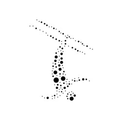 A large freestyle skiing symbol in the center made in pointillism style. The center symbol is filled with black circles of various sizes. Vector illustration on white background