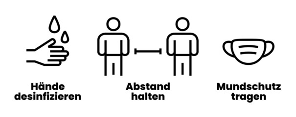 AHA (Abstand, Hygiene, Altagsmaske) Regeln – Coronavirus Regeln Hygiene Schild Deutsch (Vektor Illustration)
Hände desinfizieren, Abstand halten, Maske tragen