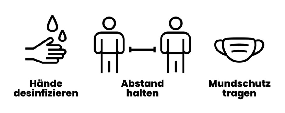AHA (Abstand, Hygiene, Altagsmaske) Regeln &ndash; Coronavirus Regeln Hygiene Schild Deutsch (Vektor Illustration)
H&auml;nde desinfizieren, Abstand halten, Maske tragen