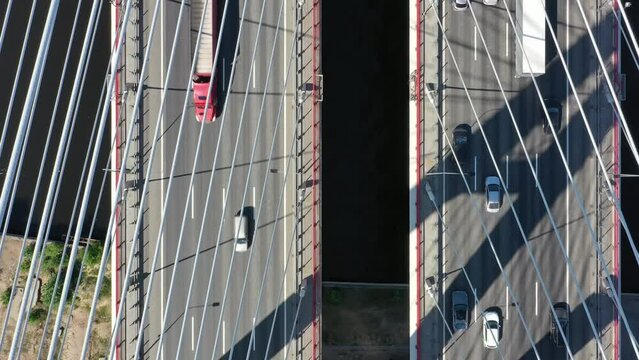 Aerial top view of cable-stayed bridge with cars in St.Petersburg, 4k