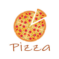 Round pizza with sausage, mushrooms and tomatoes, cut into pieces. Simple flat design. Isolated on white background vector illustration.