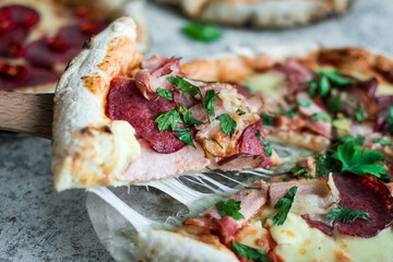 Hot pizza and slice with melting cheese