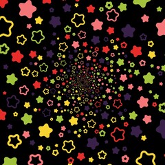 Naklejka na ściany i meble Colorful, many stars spin in a black tunnel to place your content. Vector illustration.
