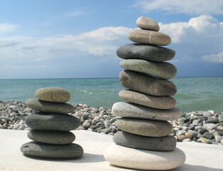 Sea pebble towers on seacoast