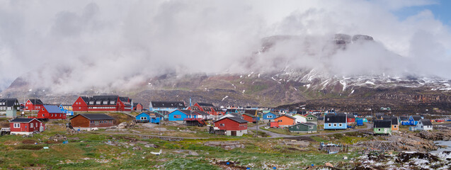 Panoramic image of the colorful little village of qeqertarsuaq, Greenland © Chris