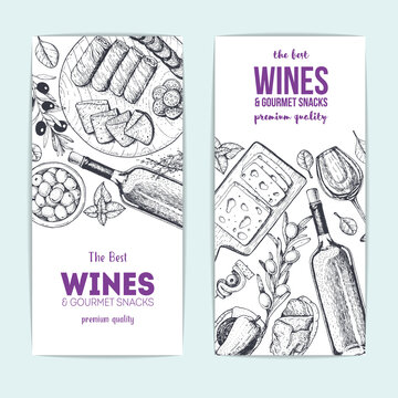 Wines and gourmet snacks banner collection. Gourmet food set vector illustration. Local wines and gourmet snacks shop design template, flyers set.