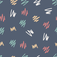 schattig naadloos patroon met abstracte kleurrijke kronkellijnen vormen op donkerblauwe achtergrond. kinderachtig schattig abstract patroon voor textiel, stof, behang