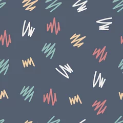 Rolgordijnen Geometrische vormen schattig naadloos patroon met abstracte kleurrijke kronkellijnen vormen op donkerblauwe achtergrond. kinderachtig schattig abstract patroon voor textiel, stof, behang