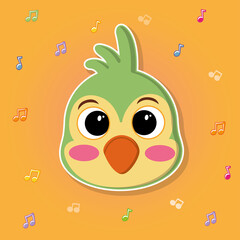 Kawaii stikers of a green parrot. Flat colored funny icon. Vector illustration for postcard, banner, web, decor, design, arts, calendar, textile. Suitable for baby stuff