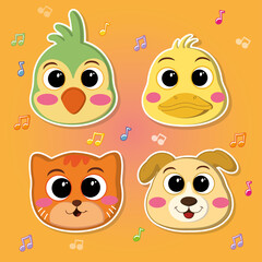 Kawaii stikers of cat, dog, chicken, parrot. Flat colored funny icon. Vector illustration for postcard, banner, web, decor, design, arts, calendar, textile. Suitable for baby stuff